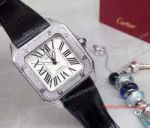 Replica Diamond Cartier Santos 100 White Face Watch Black Leather Strap 51mm or 35mm